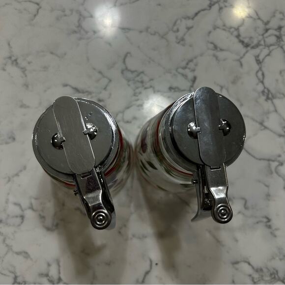 Set of 2 Vintage Glassware Metal Lid Hand Painted Syrup Pourers Dispensers - Picture 3 of 9